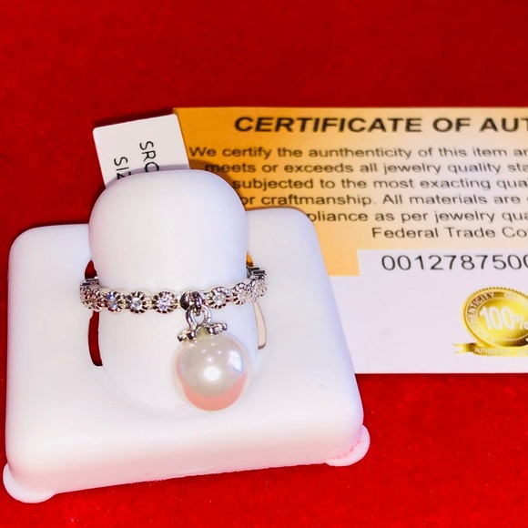 14k White Gold Vermeil Dangle Pearl ring, Natural pearl Charm Ring, Pearl Dangle - Picture 1 of 6